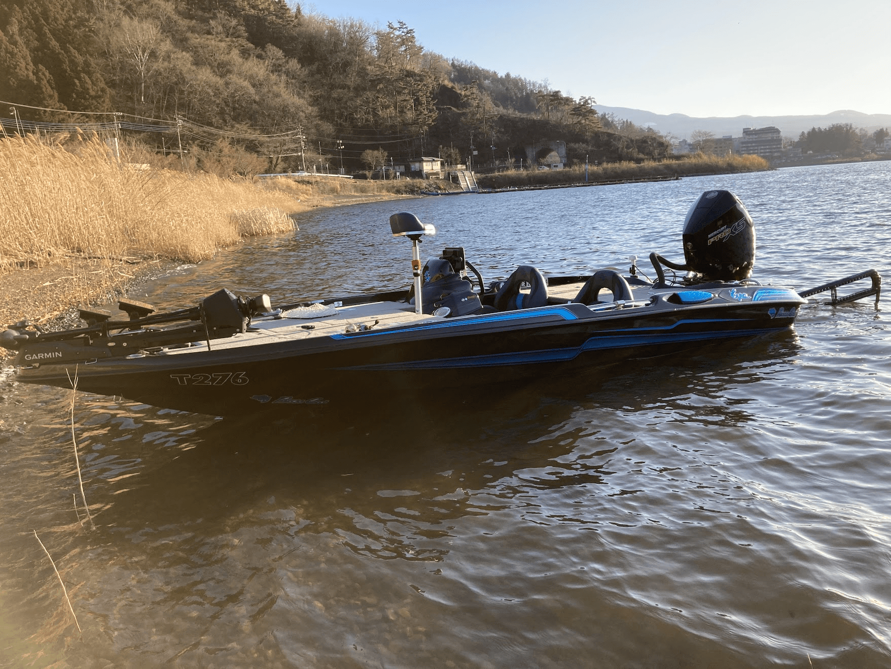 Professional bass fishing boat on Lake Kawaguchi