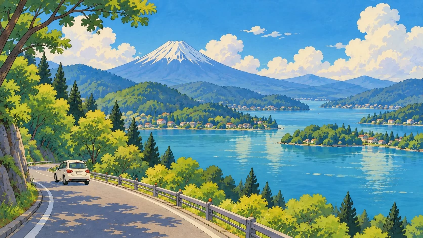 Illustration eines Autos auf einer Uferstraße mit bewaldeten Hügeln, fernen Seen und dem Fuji.
