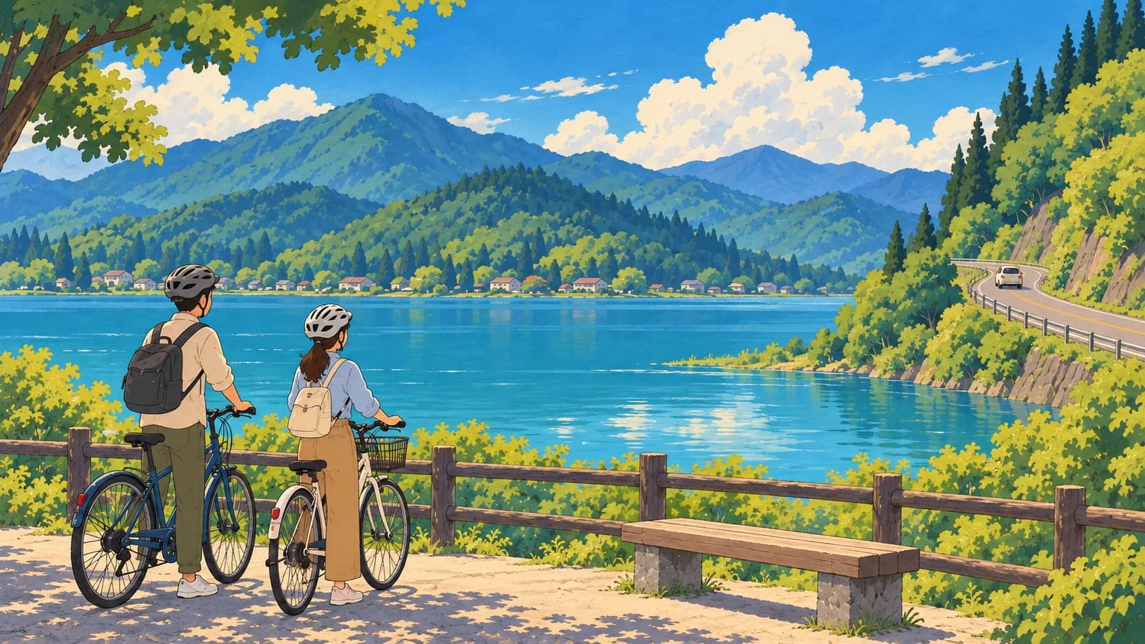 Illustration zweier Radfahrer an einem See und einer Straße, die einen bewaldeten Hang hinaufführt.